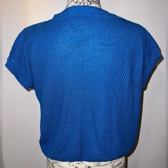 Vintage Vibrant Azure Blue Textured Knit Short Sleeve Top Small - Picture 4 of 7